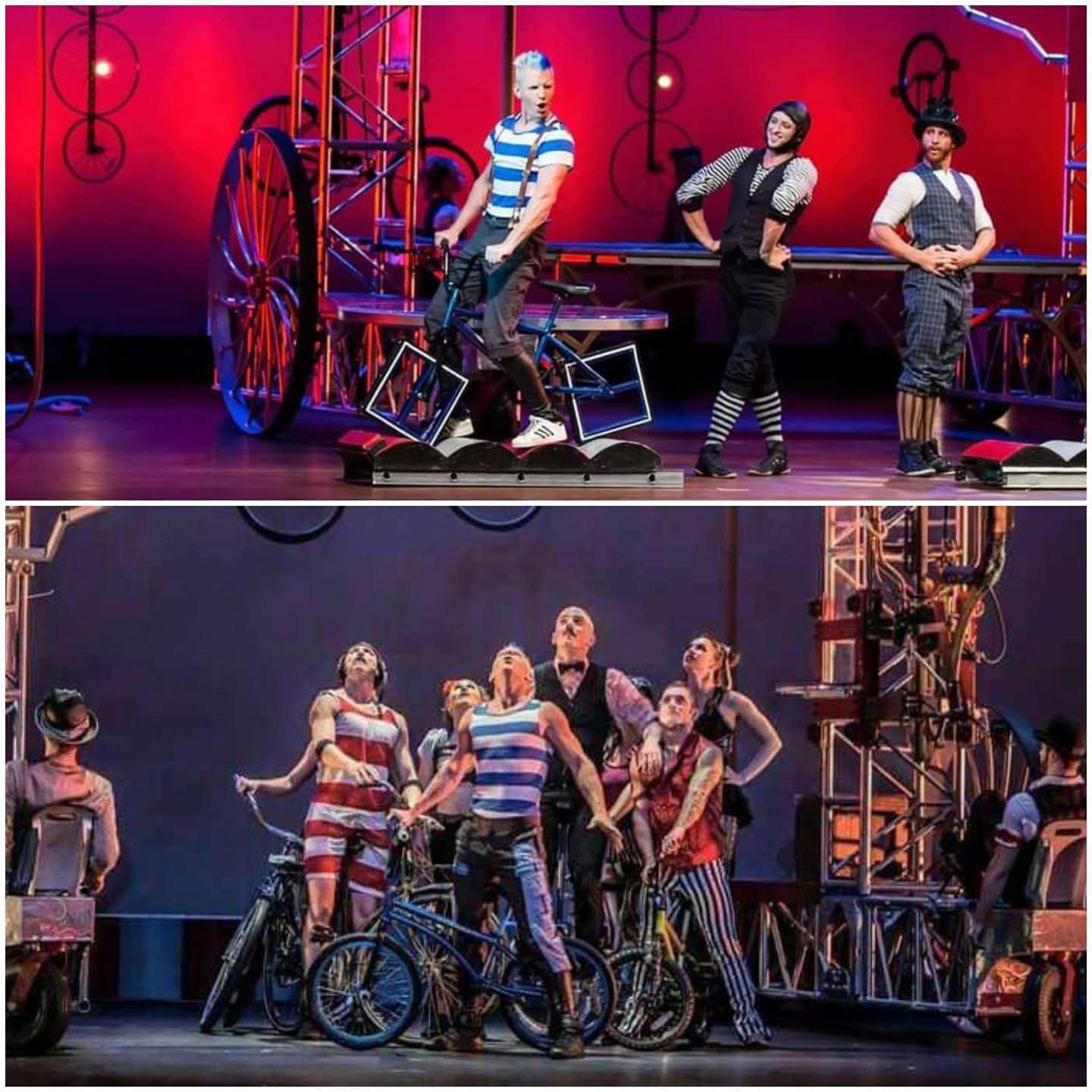 Blake Hicks in a blue-and-white striped tank on stage with Cirque Mechanics, riding a square-wheeled bike and posing with the cast